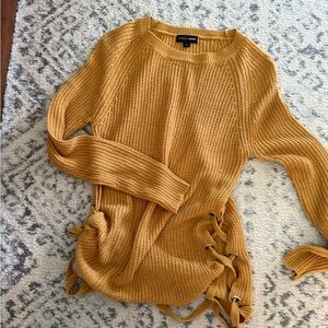 Ambiance Mustard Crew Neck Sweater with Lace-Up Sides